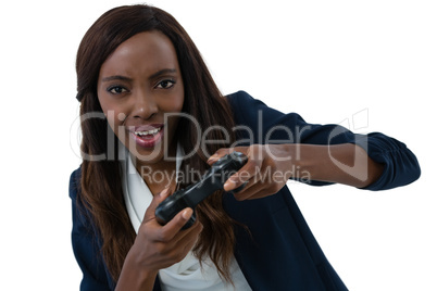 Young businesswoman playing video game
