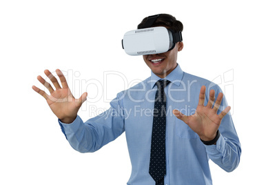 Happy businessman using vr glasses