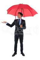 Full length of businessman holding umbrella