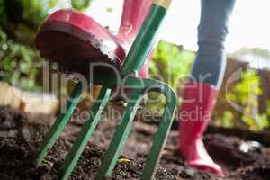 Close-up low section of woman wearing pink rubber boot standing with fork on dirt