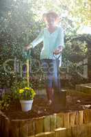 Portrait of senior woman standing with garden fork and shovel on dirt
