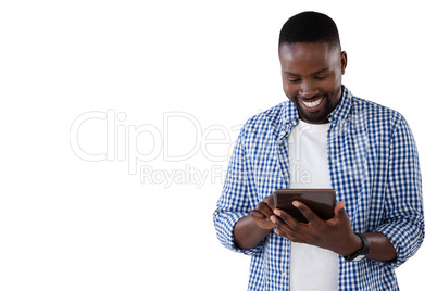 Man using digital tablet against white background