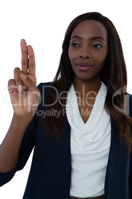 Close up of confident businesswoman using interface screen