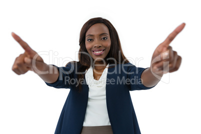 Portrait of smiling businesswoman using interface screen