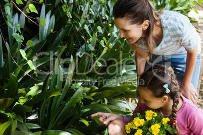 Woman looking while daughter sitting in wheelbarrow pointing towards plants