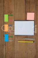 Various school supplies arranged on wooden table