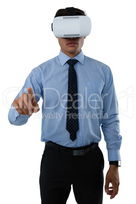 Businessman using invisible interface while wearing vr glasses