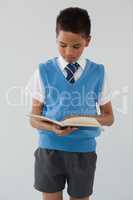 Schoolboy reading book against white background