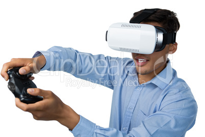 Creative businessman wearing vr glasses while video game