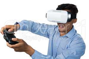 Creative businessman wearing vr glasses while video game