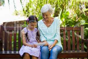 Girl showing mobile phone to grandmother while sitting on wooden bench