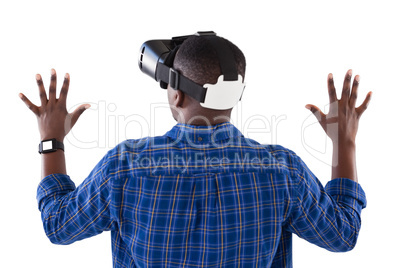 Man gesturing while using virtual reality headset