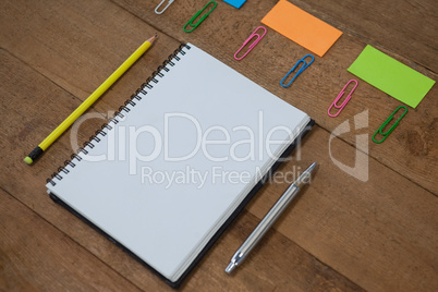 School supplies arranged on wooden table