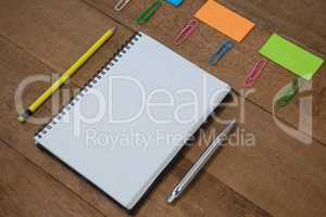 School supplies arranged on wooden table