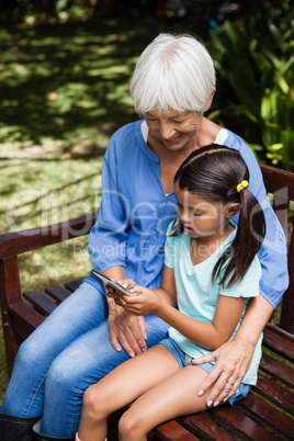 High angle view of smiling grandmother looking at granddaughter using mobile phone on wooden bench