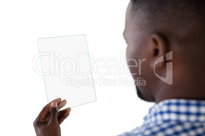 Man using futuristic digital tablet