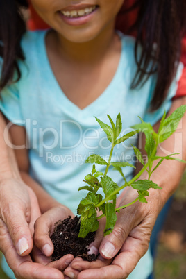Midsection of smiling girl with grandmother holding seedling