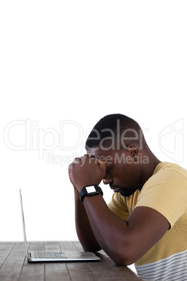 Man using laptop against white background