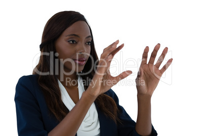 Close up of woman gesturing on interface screen