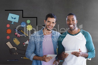 Happy business men holding a tablet against grey background with graphics