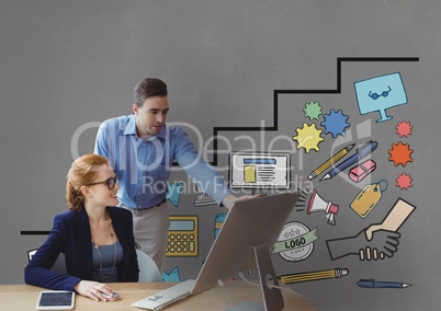Business people at a desk looking at a computer against grey background with graphics Business people at a desk looking at a computer against grey background with graphics