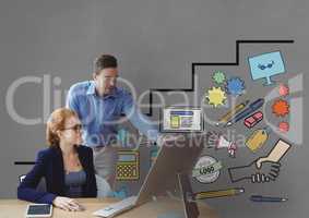 Business people at a desk looking at a computer against grey background with graphics