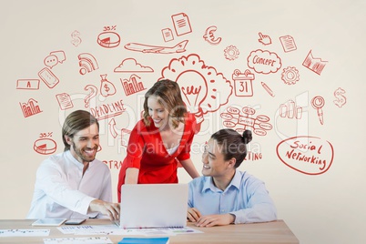 Happy business people at a desk looking at a computer against white background with red graphics