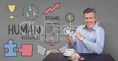 Happy business man at a desk using a phone against grey background with graphics