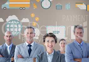 Group of business people in front of business graphics