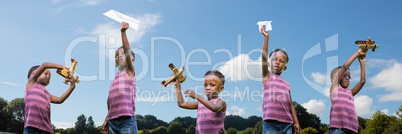 Boy playing with a plane collage against sky background