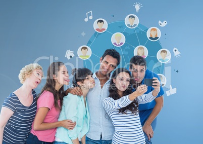 Group of people taking selfie in front of world globe graphics