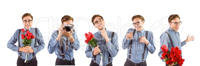 Nerd holding flowers and a camera collage