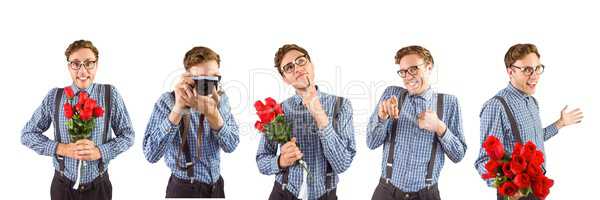 Nerd holding flowers and a camera collage