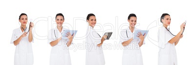 Doctor woman holding devices collage