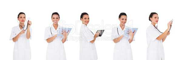 Doctor woman holding devices collage