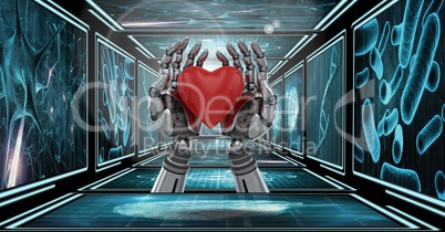 3D robot hands holding heart in 3D corridor
