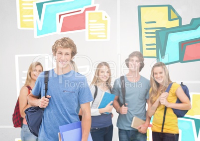 Group of students standing in front of colorful folders and files graphics