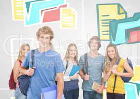 Group of students standing in front of colorful folders and files graphics