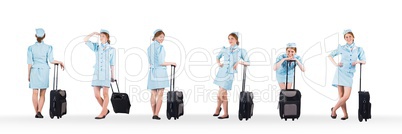 Stewardess holding baggage collage