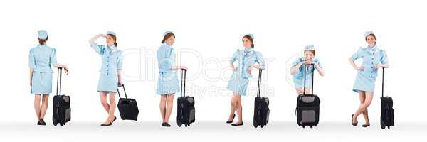 Stewardess holding baggage collage