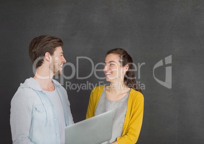 Happy business people talking against grey background Happy business people talking against grey background