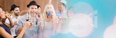 Group of people drinking alcohol and partying wide shot
