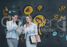 Happy business women looking at a tablet against blue background with graphics