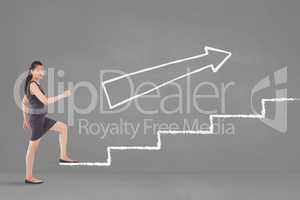 Business woman climbing stairs against grey background with white arrow