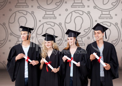 Group of graduates standing in front of world globe graphics