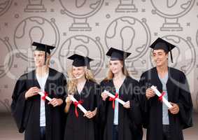 Group of graduates standing in front of world globe graphics