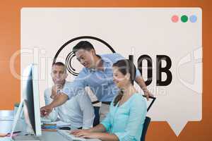 Happy business people looking at a computer against orange background with graphic