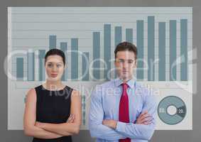 Business people standing against grey background with graphics