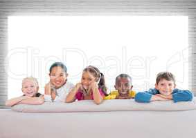 Group of children standing in front of blank screen background