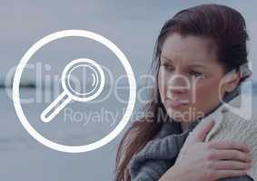 Magnifying glass icon against girl photo background